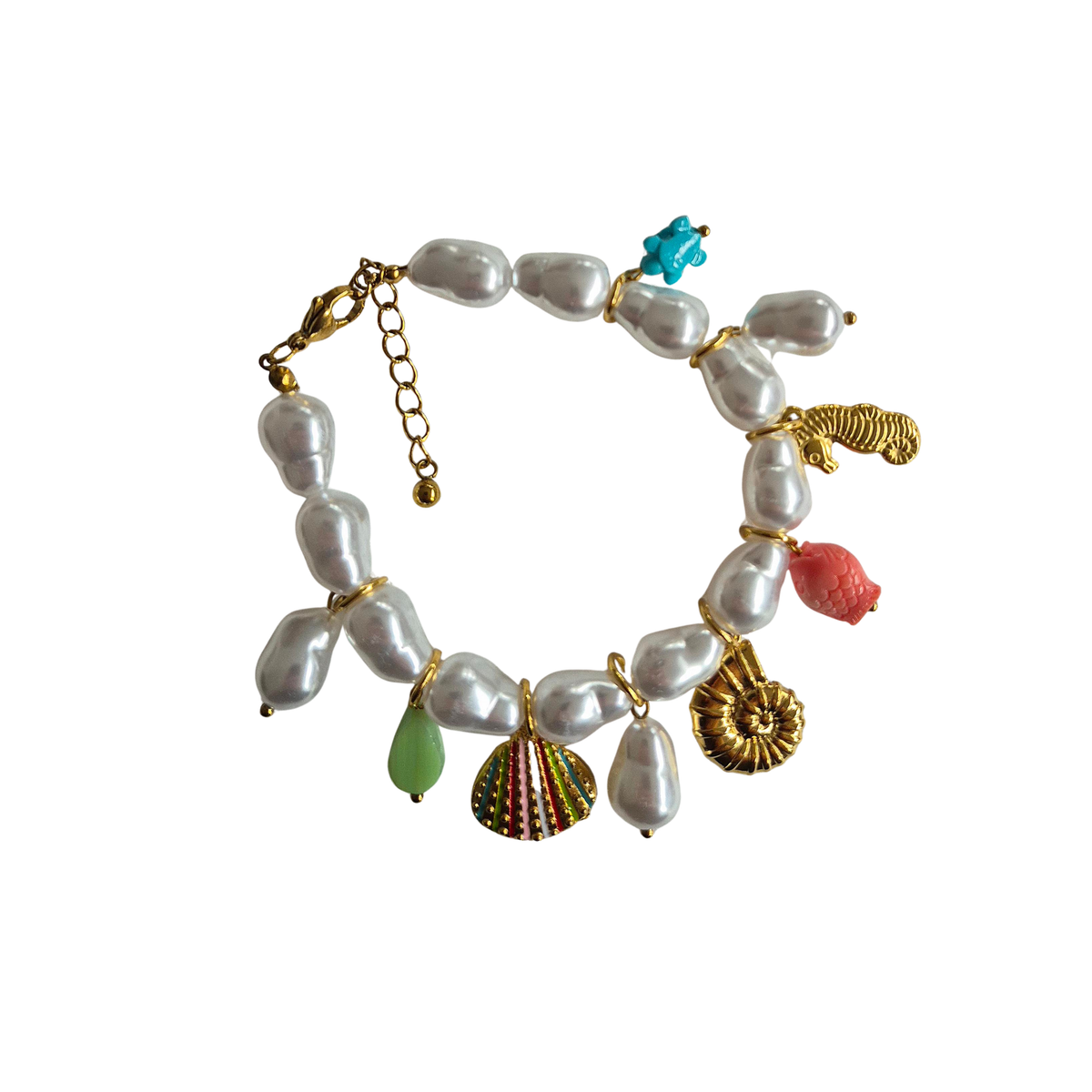zoda baroque pearl bracelet with gold sea creature and shell charms in multicolour