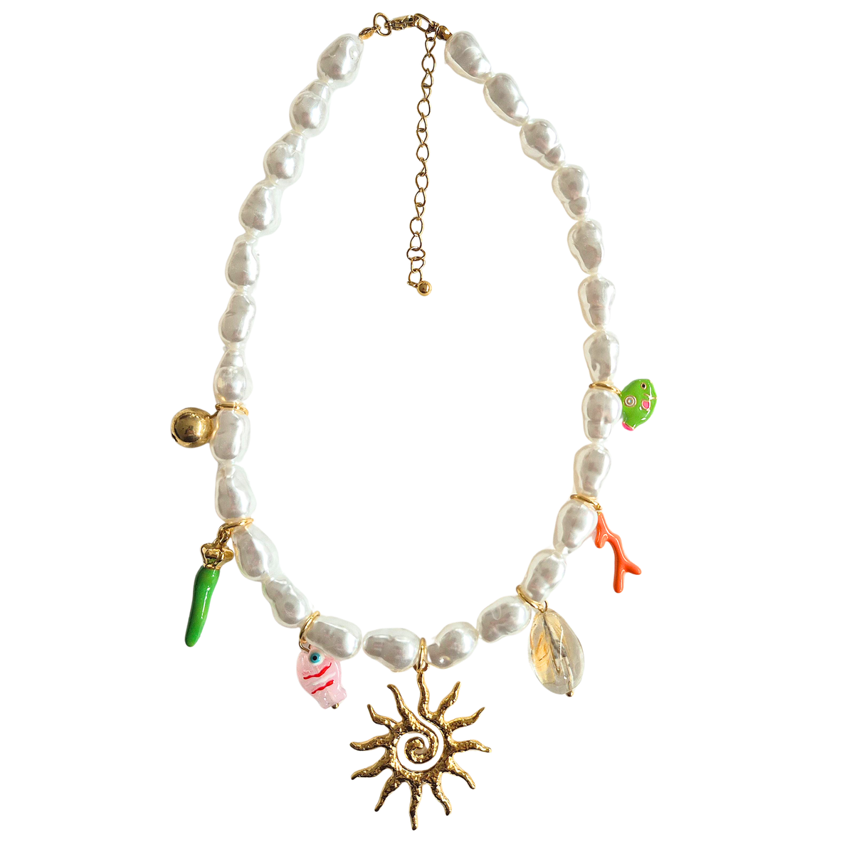 zoda pearl charm necklace with gold sun fish coral and enamel charms