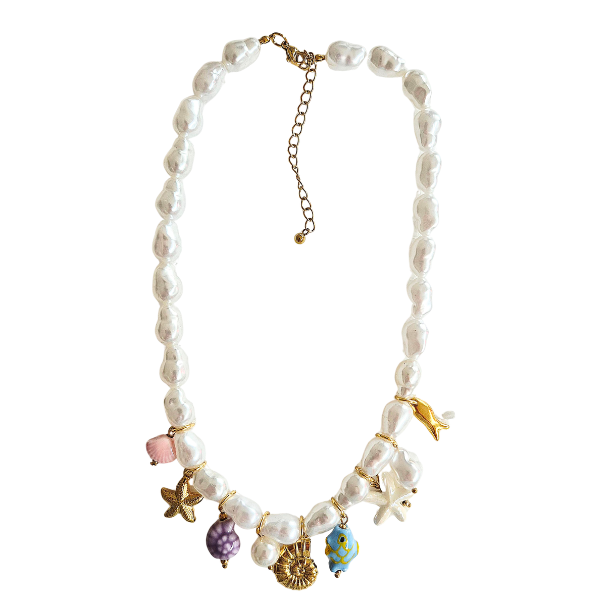 zoda pearl charm necklace with baroque faux pearls and colourful ocean charms