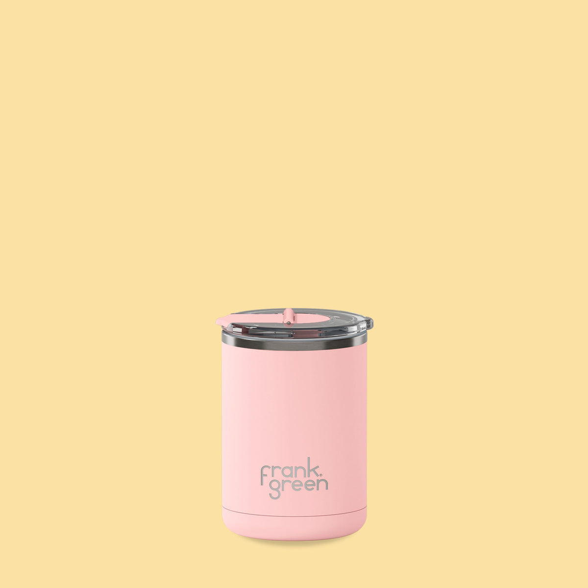 frank green 355ml blushed pink ceramic coffee cup with clear screw-in hinged lid on white background