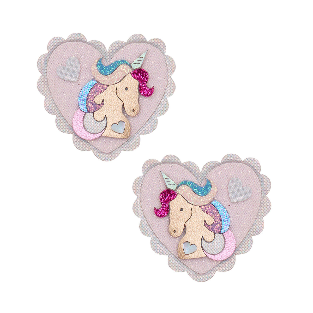 mimi and lula pink scalloped heart salon hair clips with shimmering unicorn detail, pair