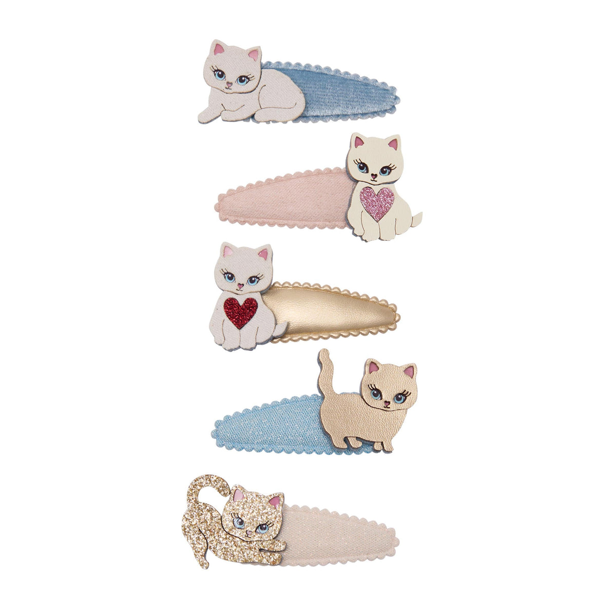 Mimi and Lula cute kitten mini clips pastels, five clic clac clips in blue pink and gold