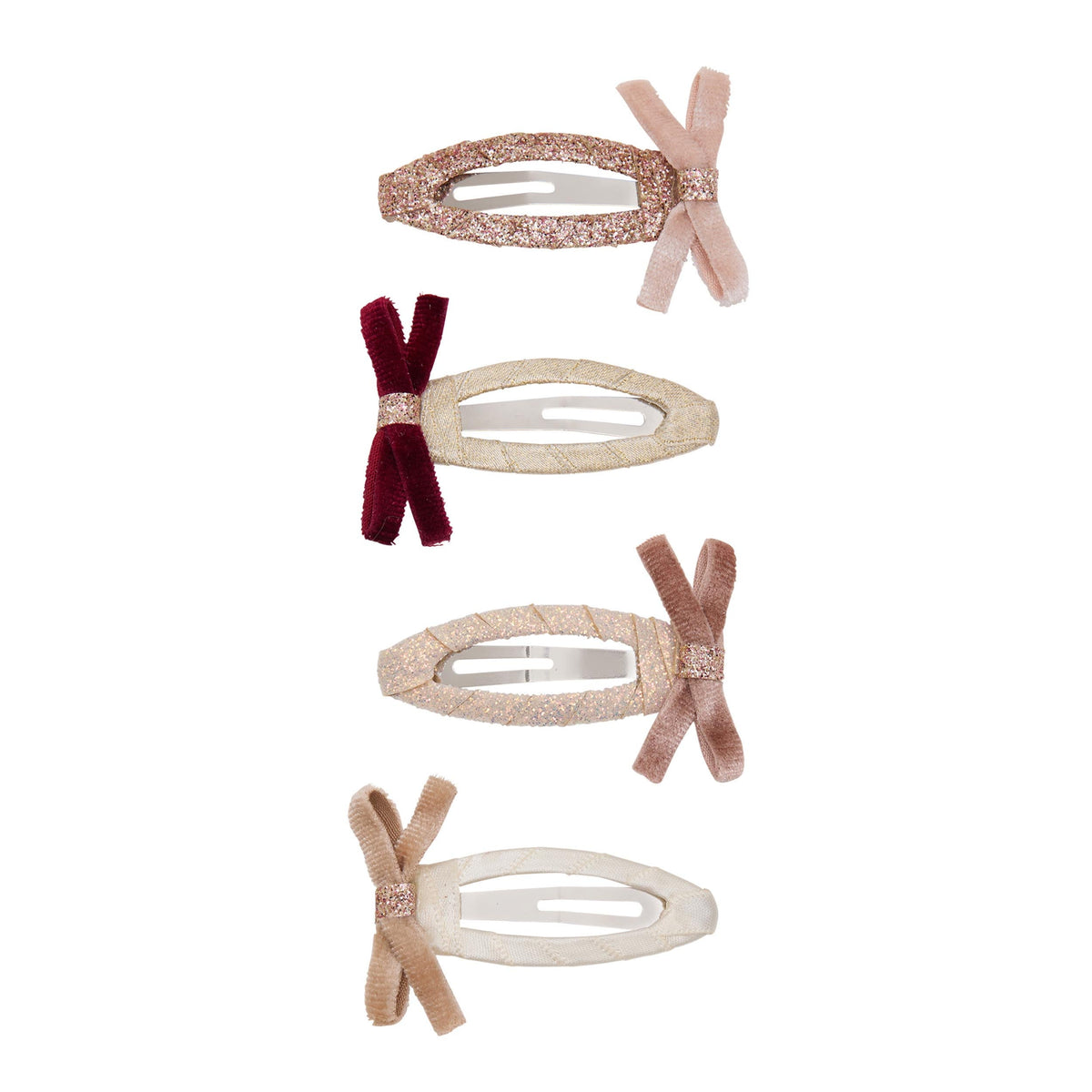 mimi and lula skinny velvet bow snap hair clips in pink and blush tones, set of four