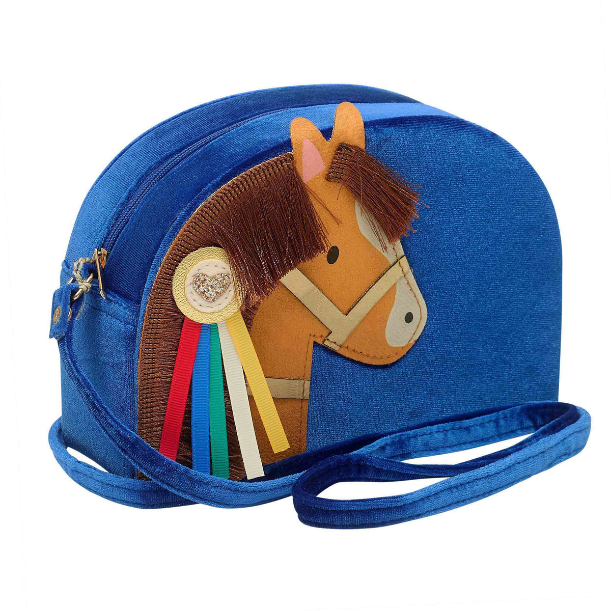 mimi and lula show pony bag blue velvet crossbody with horse appliqué and ribbon rosette
