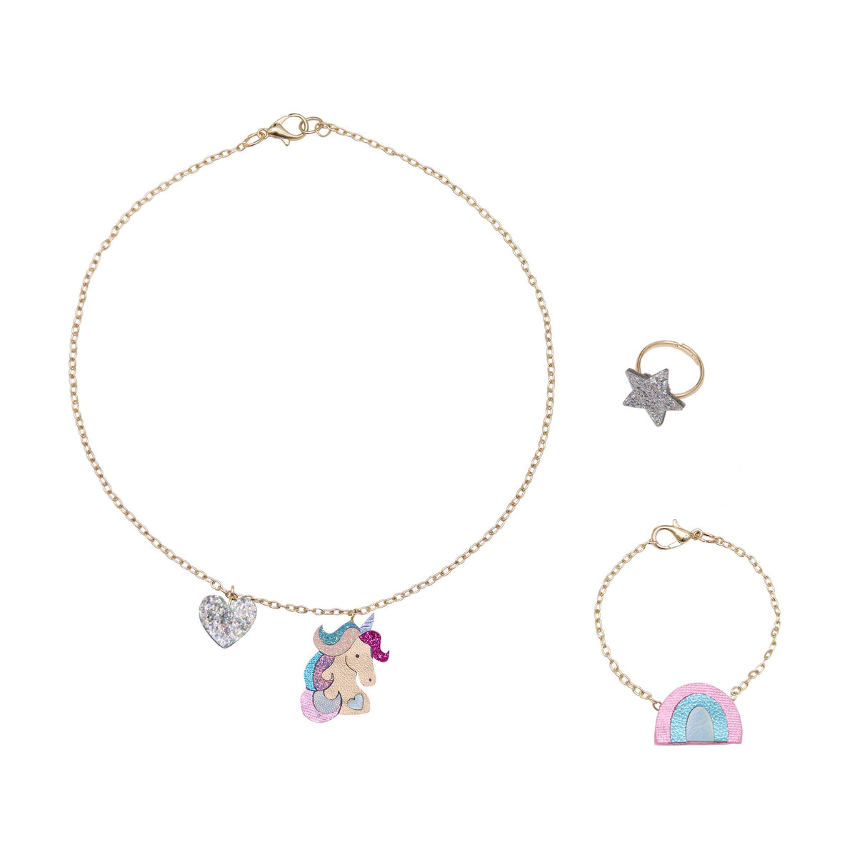 mimi and lula unicornland jewellery set with gold chain necklace, rainbow bracelet and glitter star ring