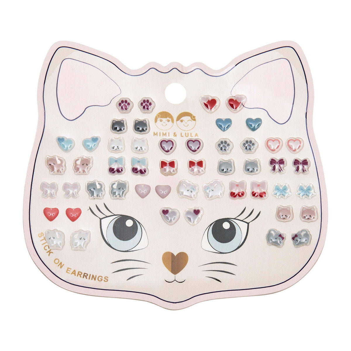 mimi and lula kittybow stick on earrings multi, cat-shaped card with 25 colourful pairs
