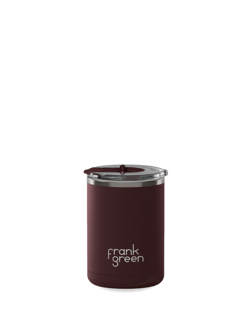 frank green 355ml chocolate ceramic coffee cup with hinged screw lid, dark red-brown
