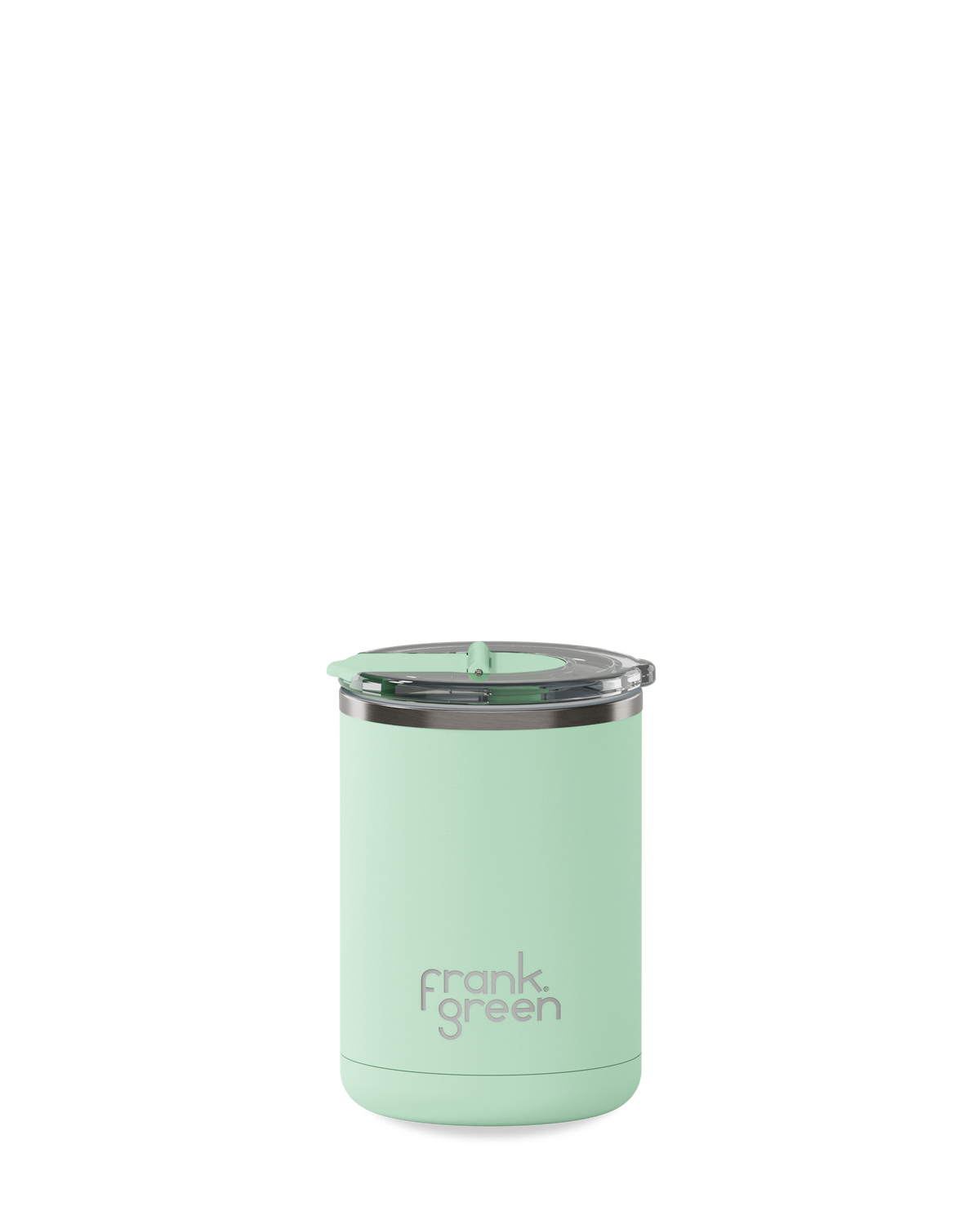 frank green 355ml mint gelato ceramic coffee cup with hinged screw lid and clear top