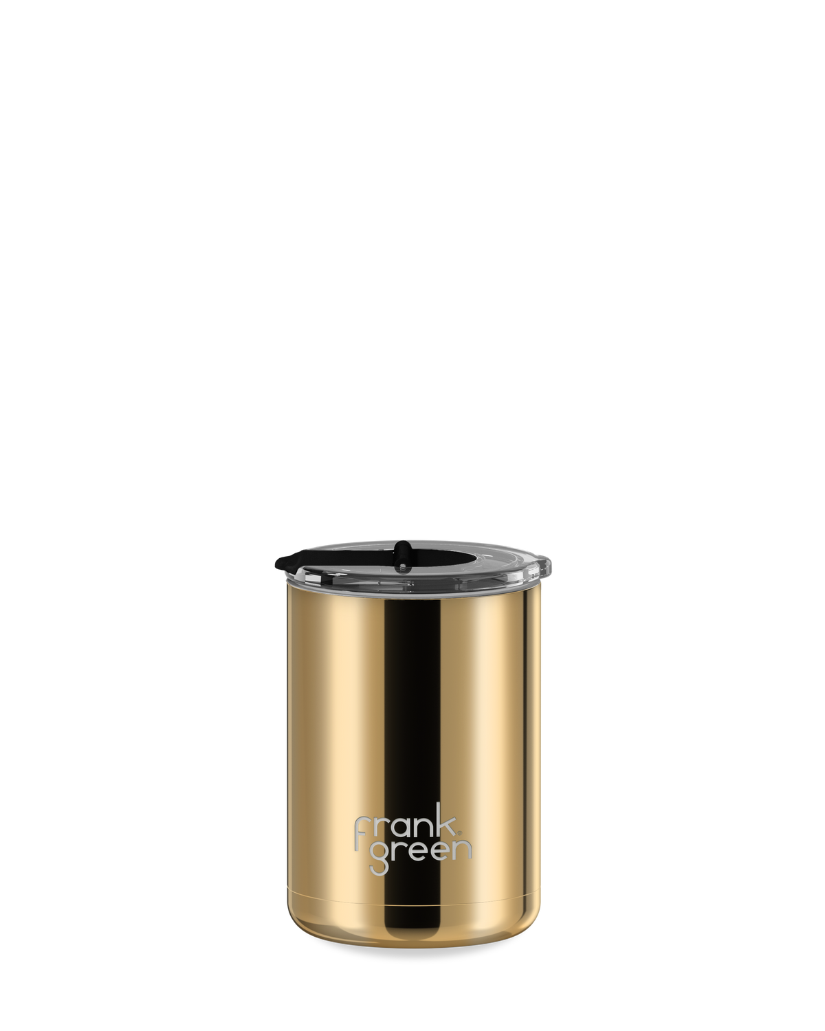 frank green 355ml chrome gold ceramic coffee cup with clear screw-in hinge lid