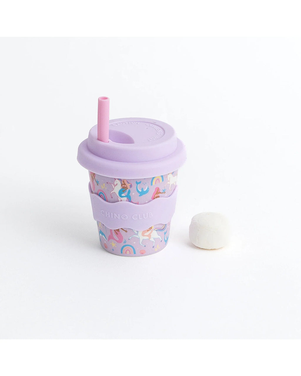 Chino Club Mermaids and Unicorns Babychino Cup 4oz, lavender bamboo cup with straw