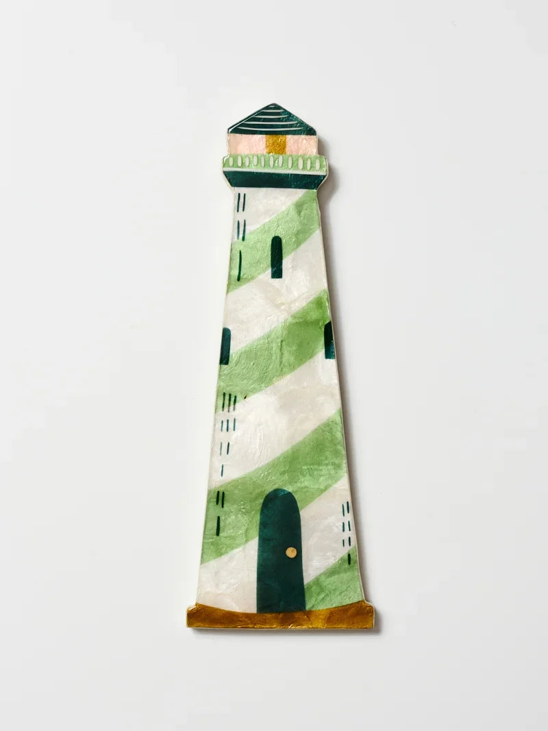 Jones & Co mariner lighthouse hand-painted capiz wall art in green and cream