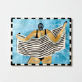 jones & co beach day wall art towel off, hand-painted capiz figure with striped towel on blue background