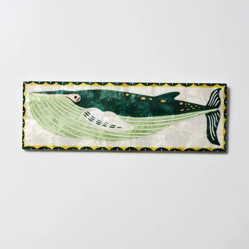Jones & Co mariner wall art whale in deep green and gold on capiz shell panel