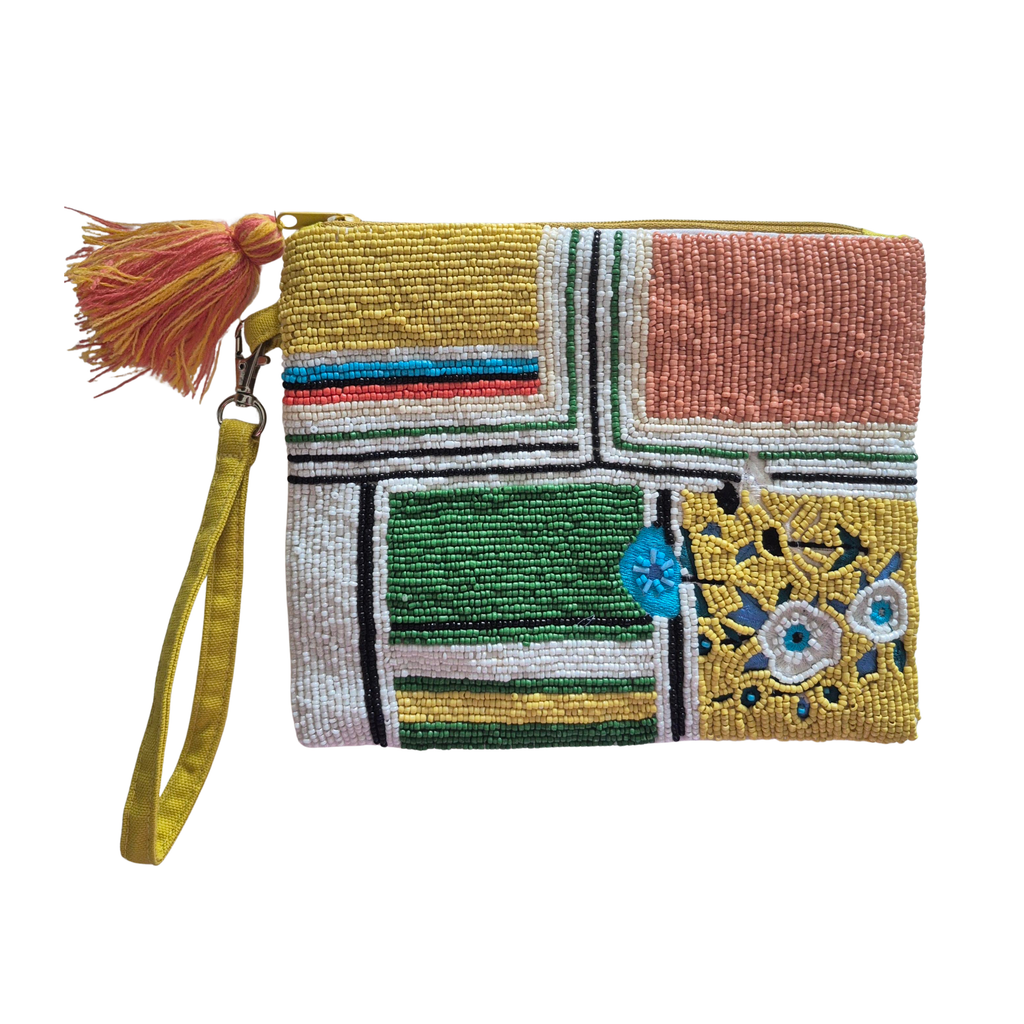 zoda multicolour beaded wristlet clutch purse with tassel and yellow wrist strap