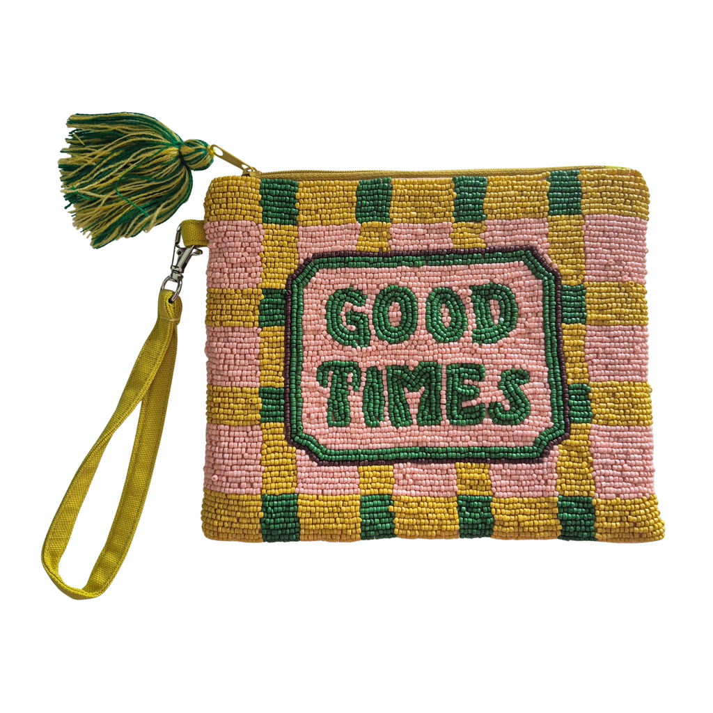 zoda good times beaded wristlet clutch purse in pink yellow and green with tassel