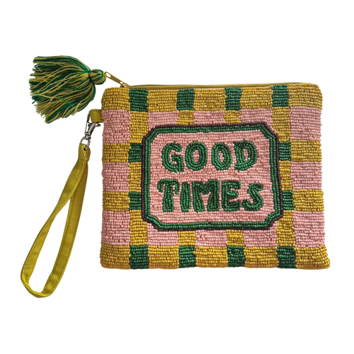 zoda good times beaded wristlet clutch purse in pink yellow and green with tassel