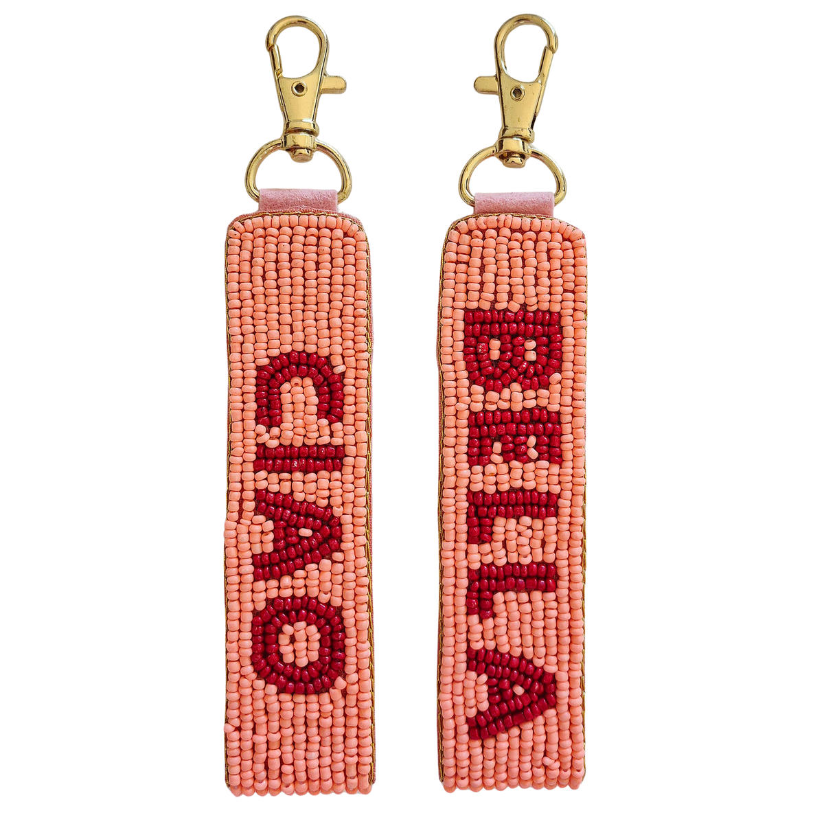 zoda ciao bella pink beaded keychain with gold clasp, two sides shown