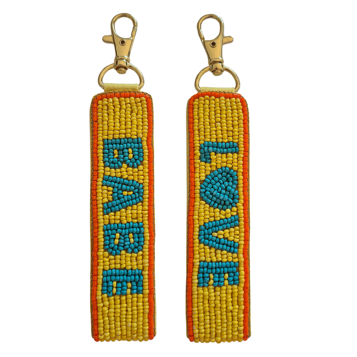 zoda babe love yellow and teal beaded keychain with gold clasp, two panels
