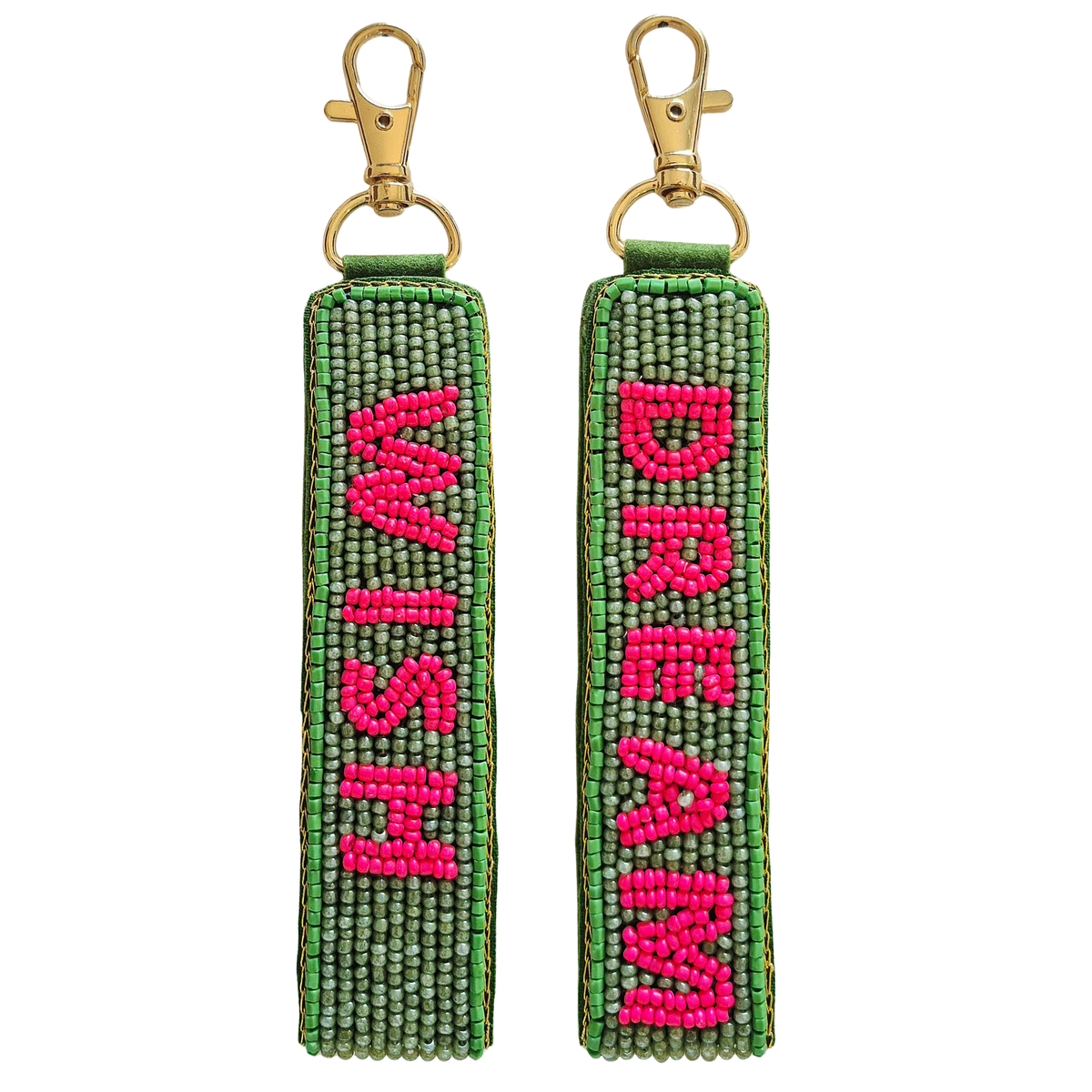 zoda green and pink beaded keychain with dream and wish text and gold clasp