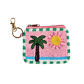 zoda pink beaded zip pouch with palm tree and sun design and gold keyring clip