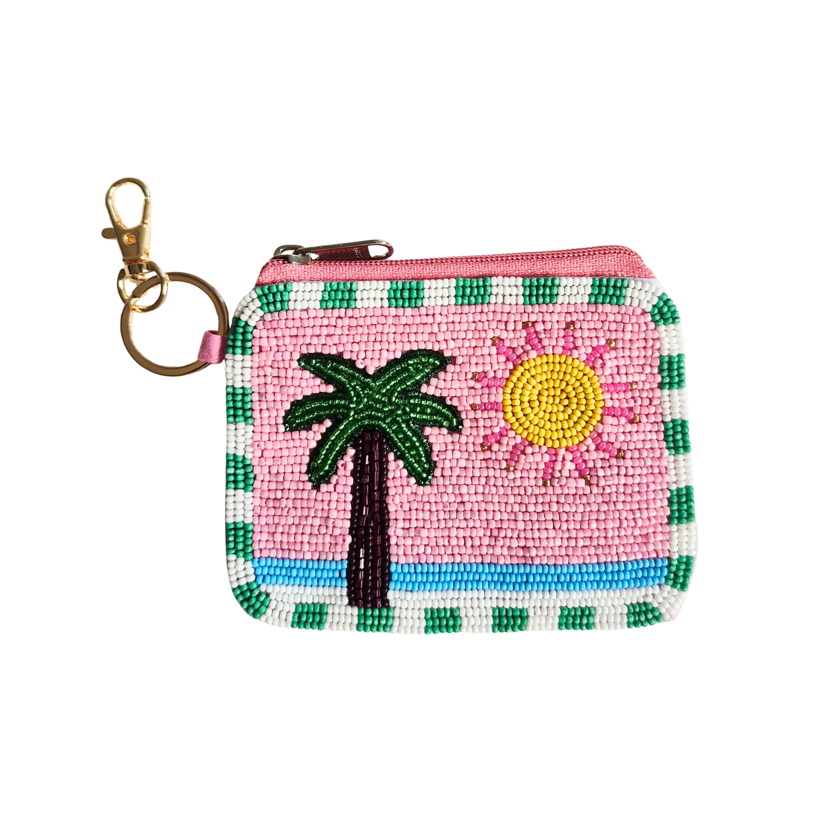 zoda pink beaded zip pouch with palm tree and sun design and gold keyring clip