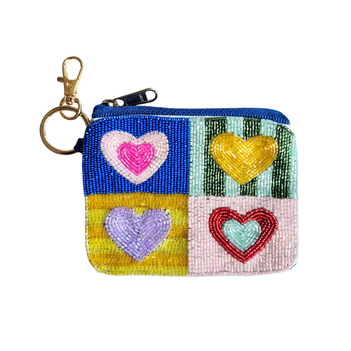zoda beaded coin purse pouch with multicolour heart panels and gold keychain clip