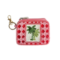 zoda red and pink beaded zip coin pouch with palm tree motif and gold keychain clip