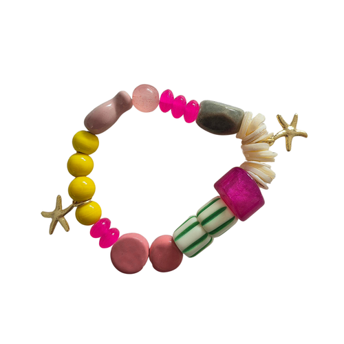 zoda colourful beaded stretch bracelet with gold starfish charms and mixed pink yellow green beads