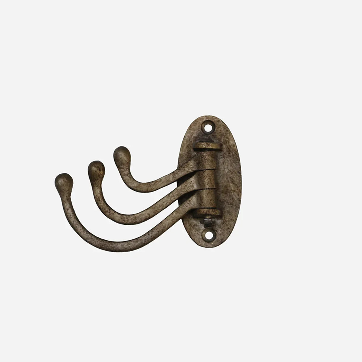 CC Interiors iron three swing hook in antique brass finish with oval wall backplate