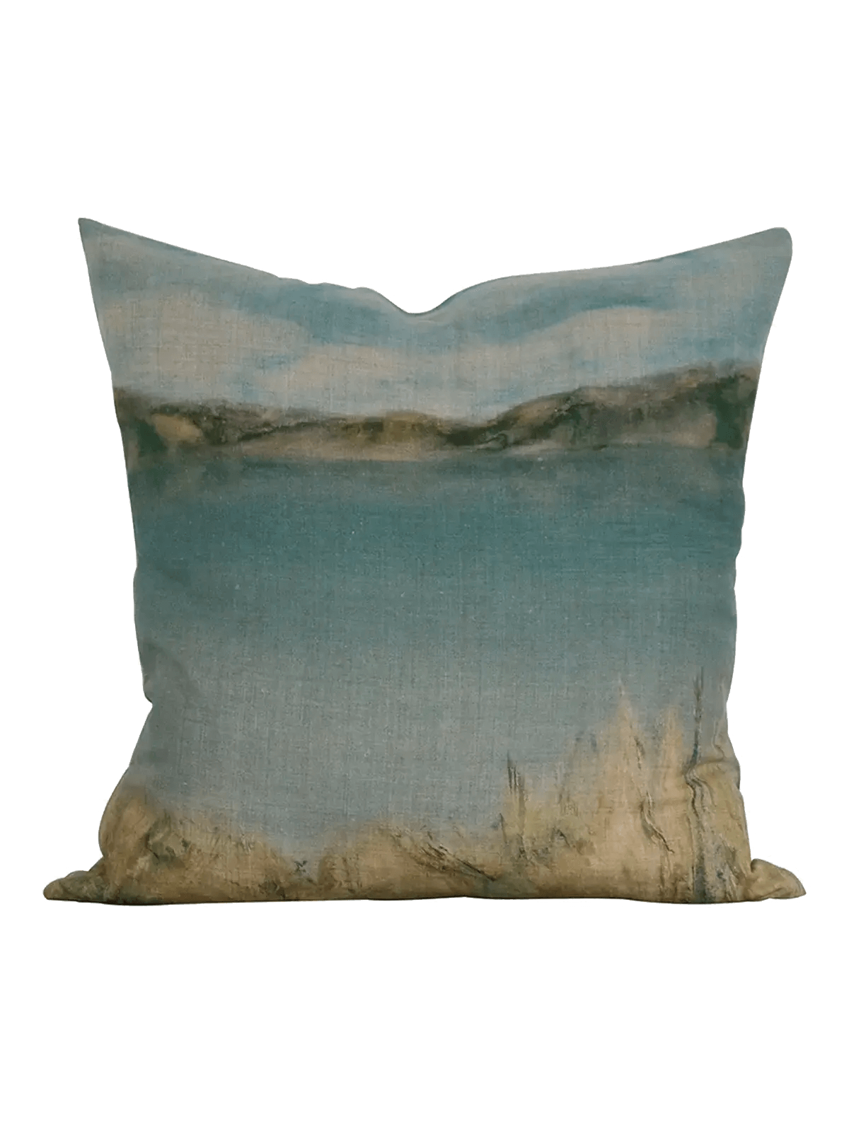cc interiors island summer linen cushion cover with painted coastal seascape in soft teal and sand tones