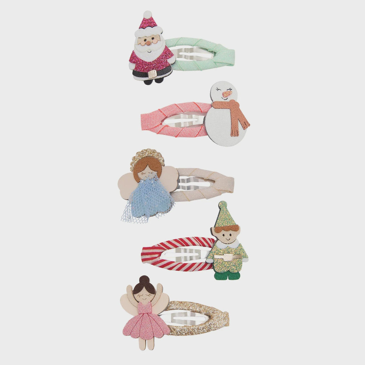Mimi and Lula cute character clips multi with Santa, snowman, angel, elf and fairy on ribbon clips