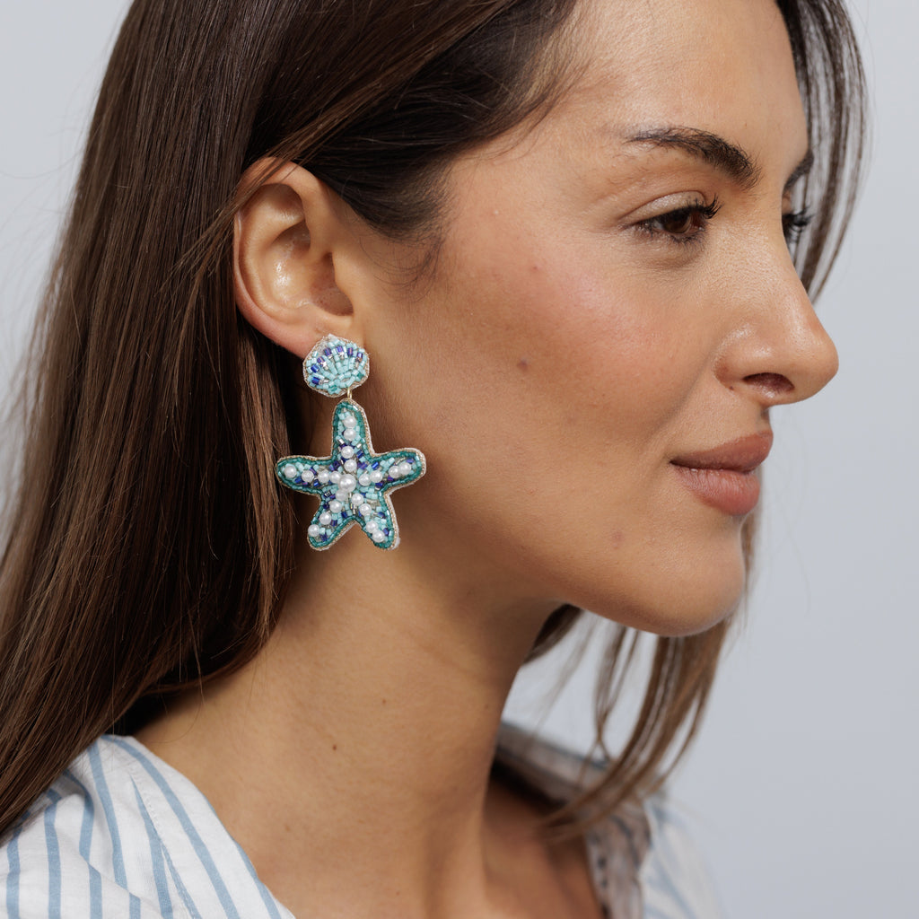 Beaded Earring Shell Starfish Blue EA11628BL