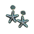 zoda blue beaded starfish drop earrings with shell stud top and pearl bead accents