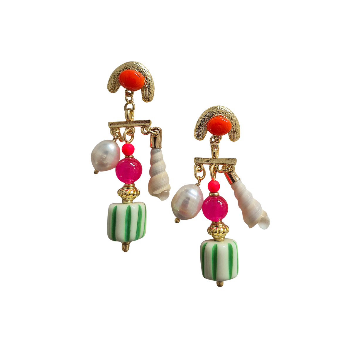 zoda statement drop earrings with pearls, shells, pink and striped green beads on gold-tone hardware