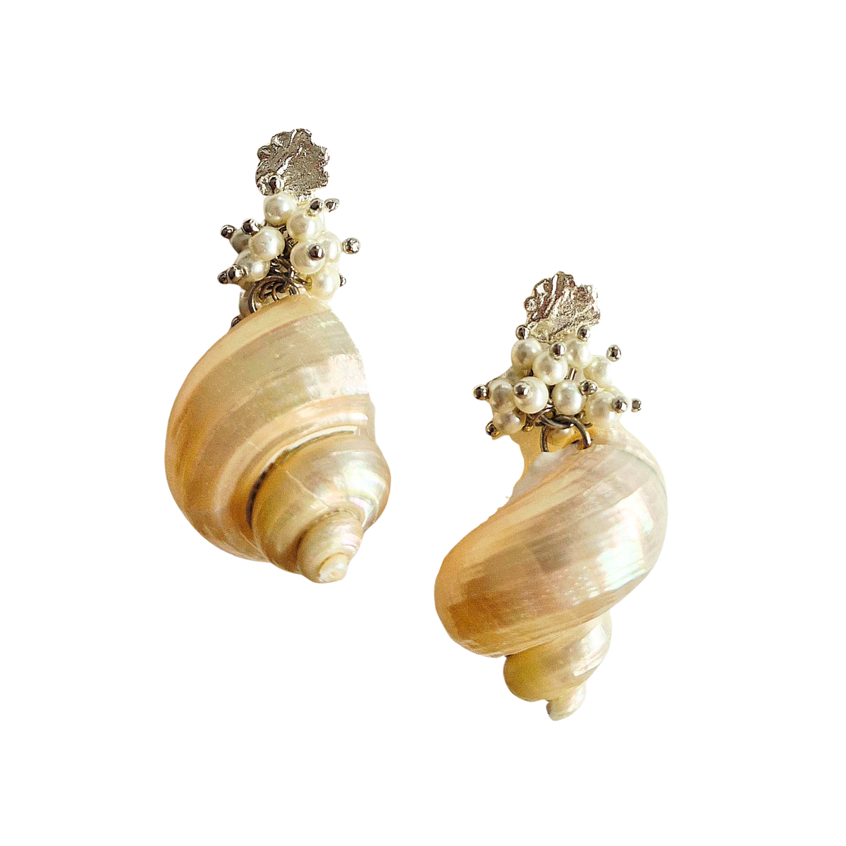 zoda natural spiral shell drop earrings with pearl cluster and silver setting