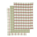 Set of three checkered towels in green, white, and red on a white background