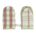 Pair of green and red checkered oven mitts on a white background