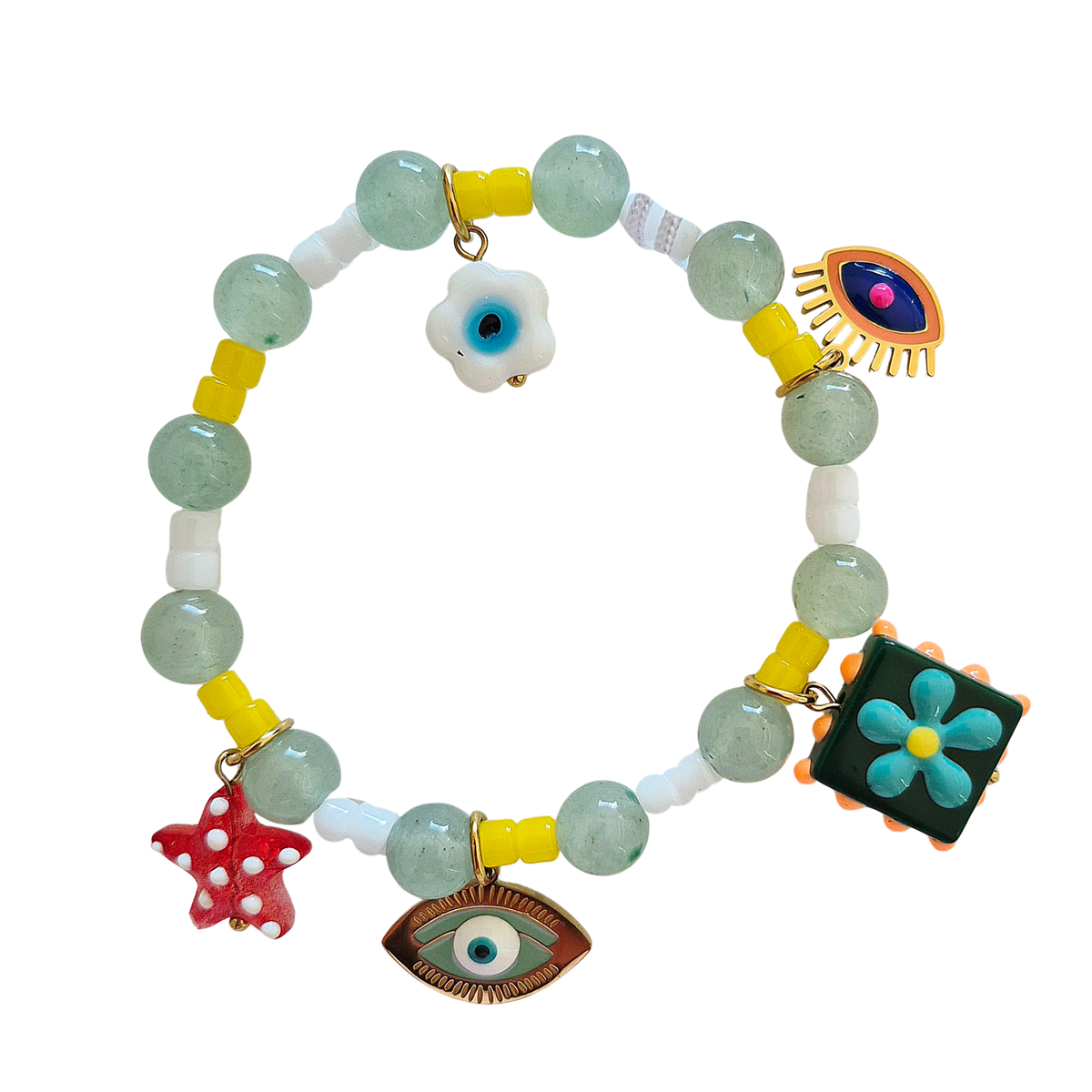 zoda beaded charm bracelet with evil eye star and flower charms on green and yellow beads