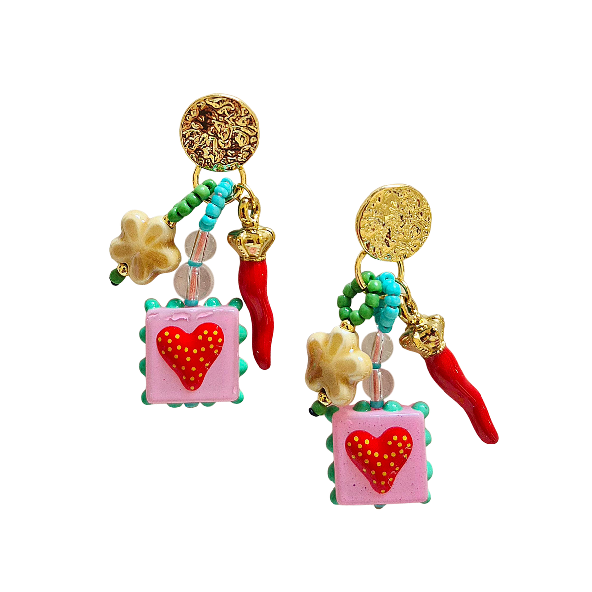 zoda beaded drop earrings with gold coin stud, green beads, flower and red chilli charms and pink heart pendant