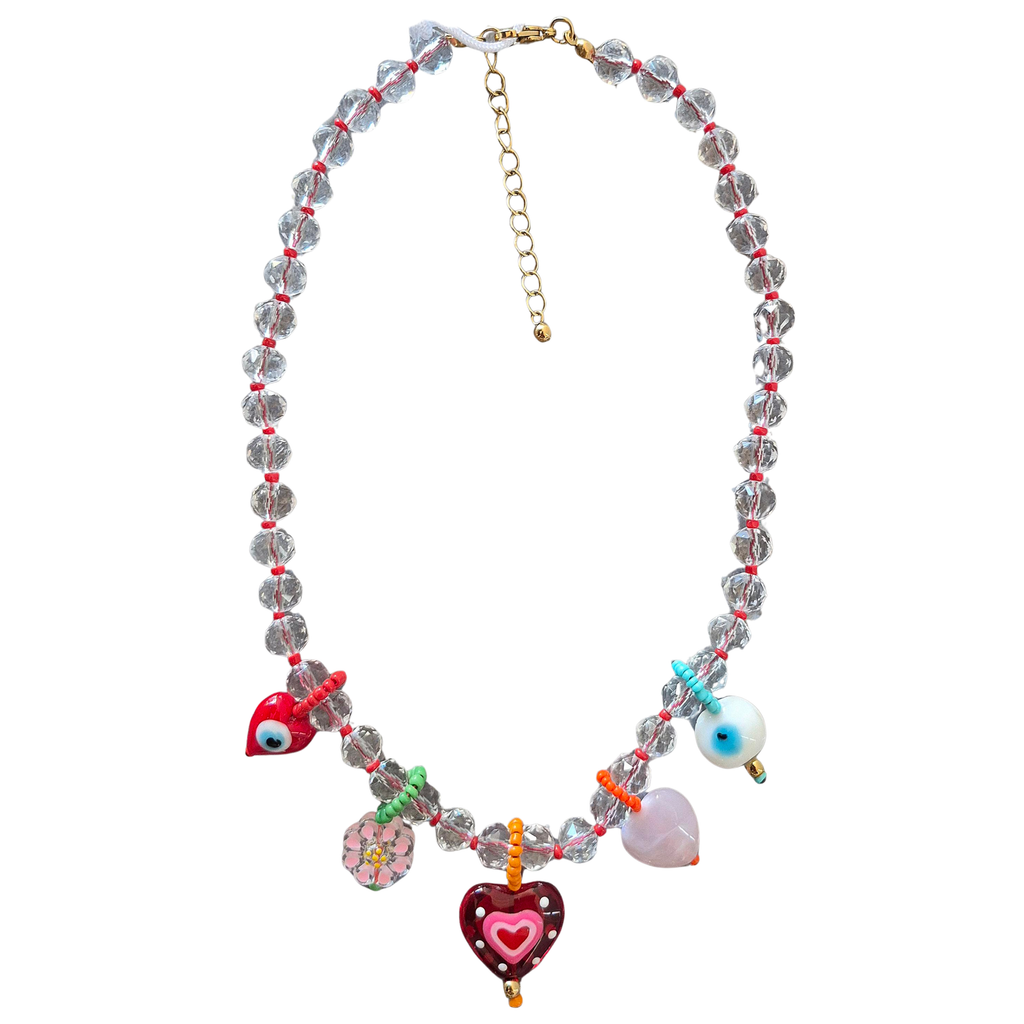 zoda crystal bead charm necklace with multicolour hearts flower and evil eye pendants
