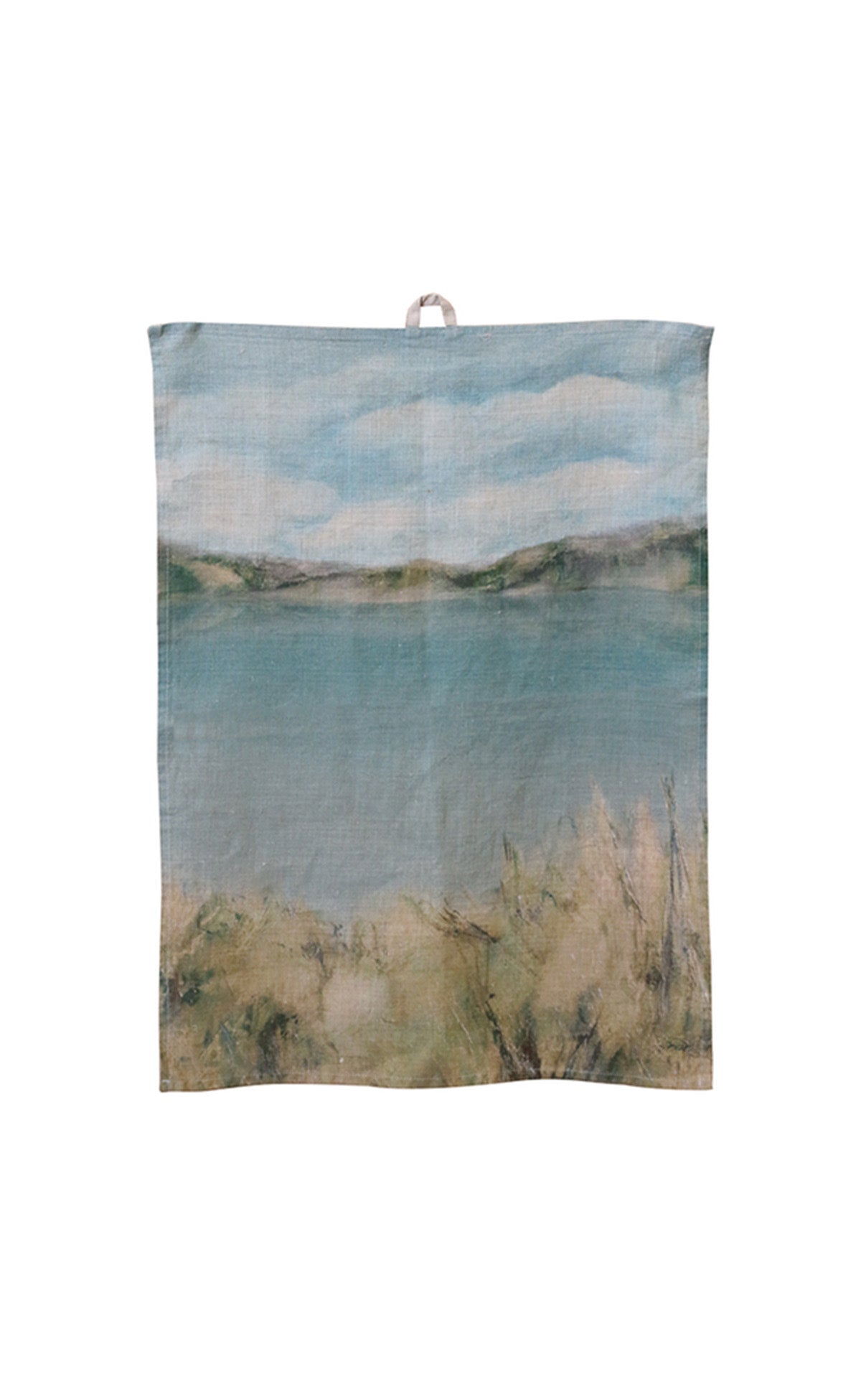 cc interiors island summer linen tea towel with scenic landscape print in teal and green tones