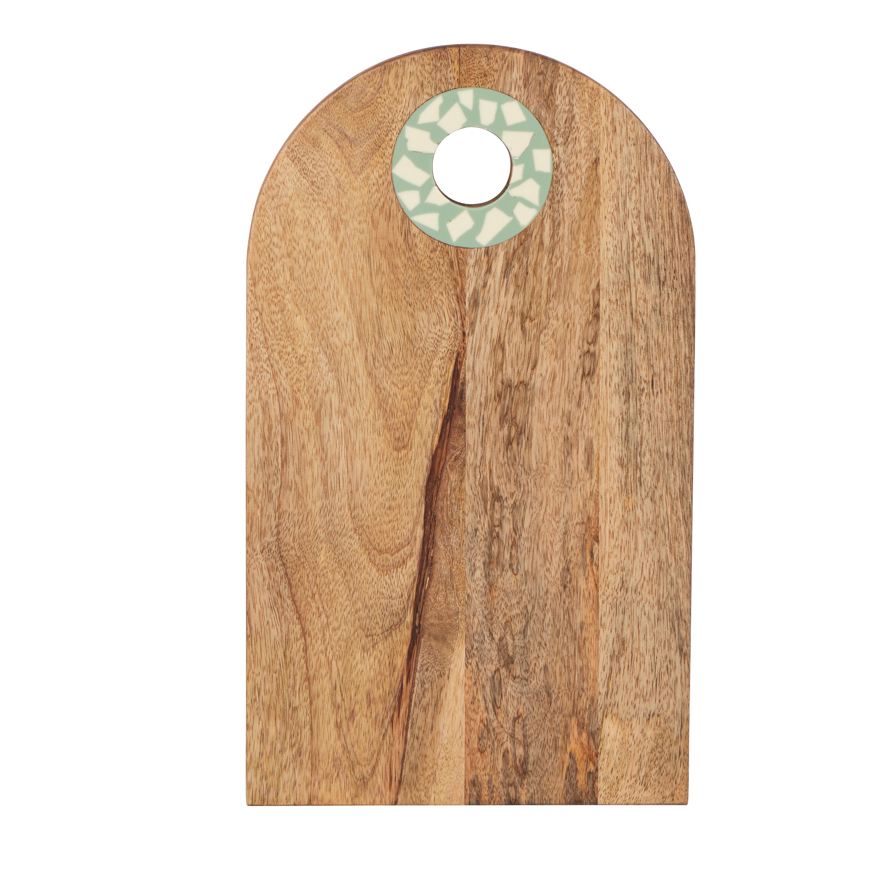 Wooden cutting board with a decorative ring on a white background