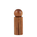 Wooden sphere on a wooden pedestal against a white background