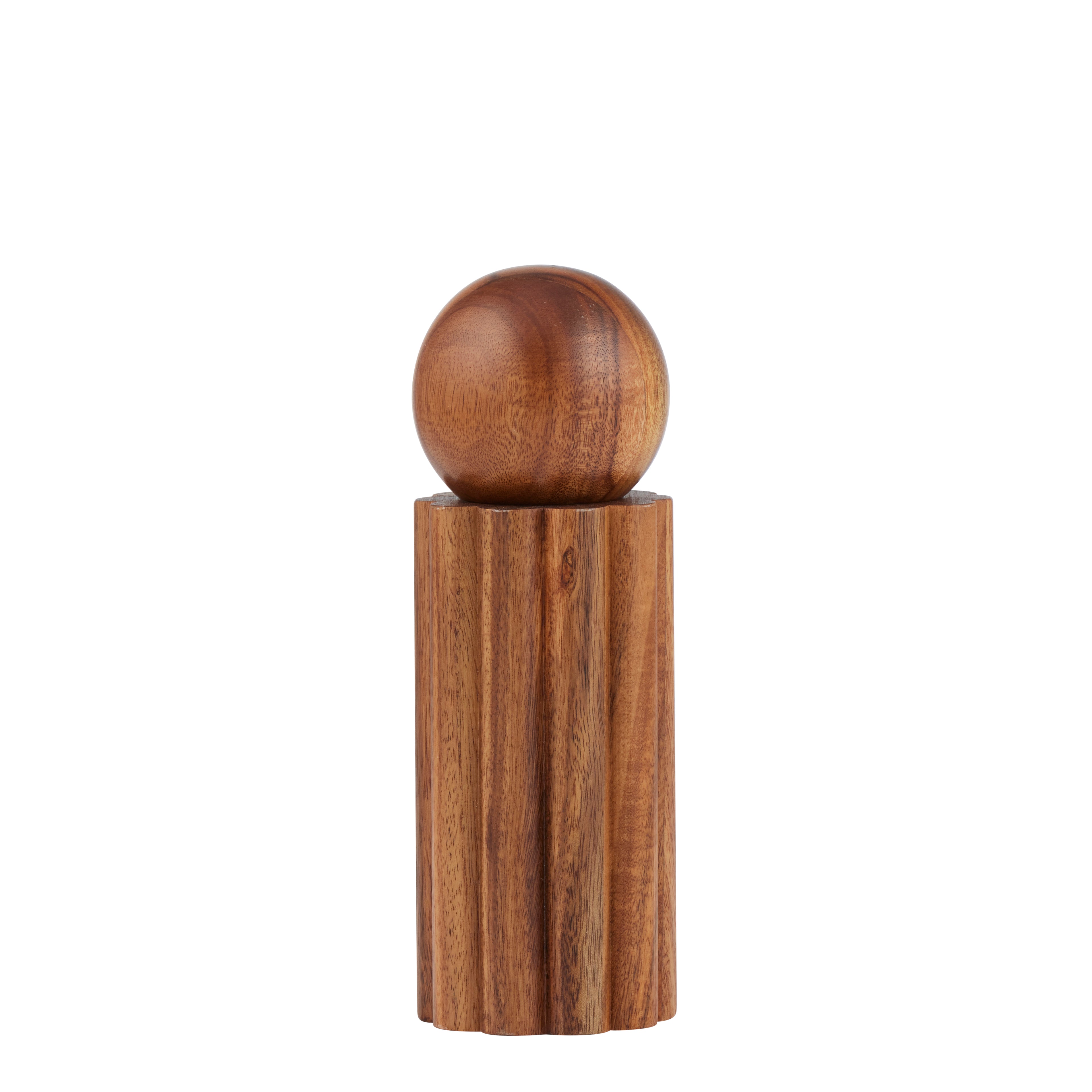 Wooden sphere on a wooden pedestal against a white background