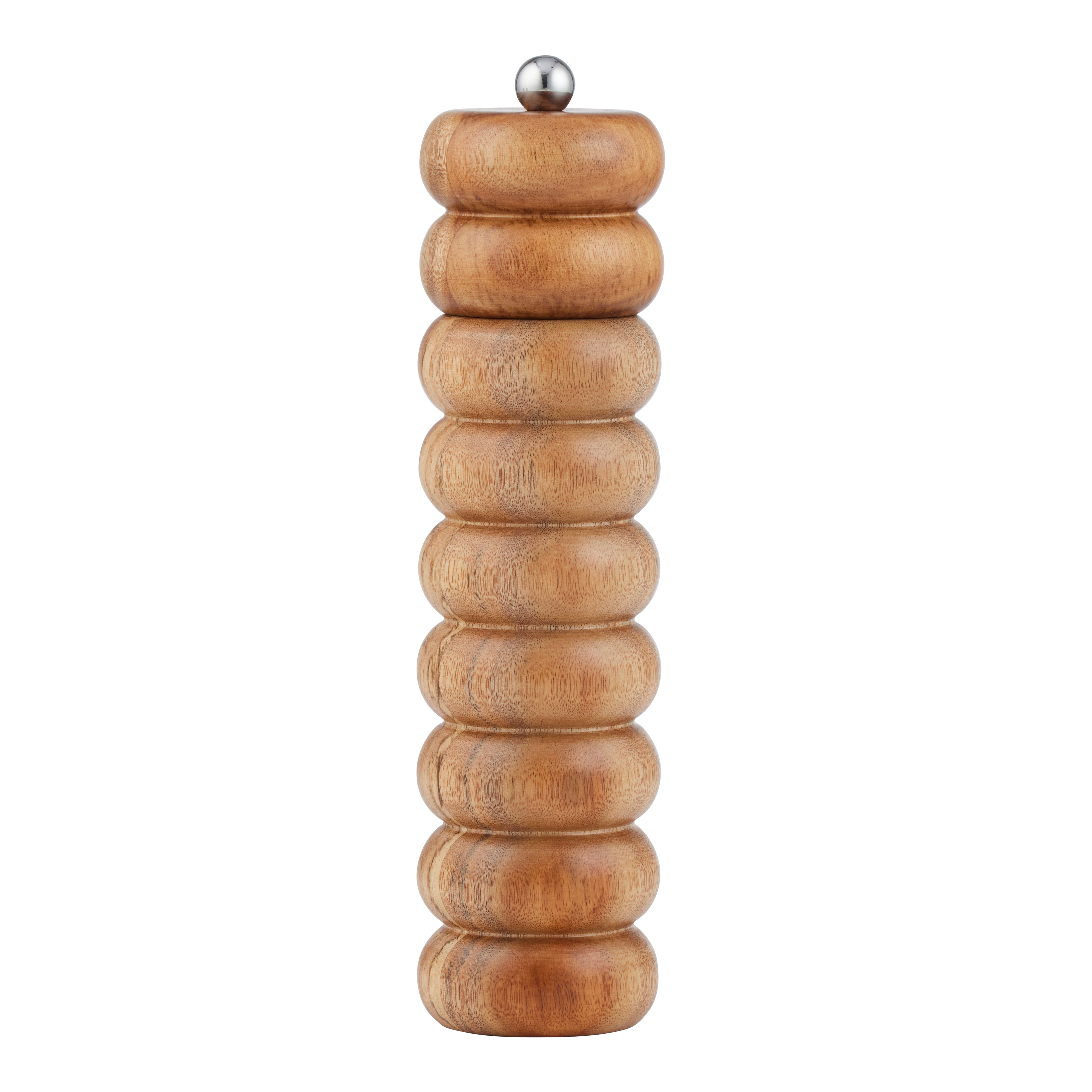 Wooden pepper grinder with a silver top on a white background