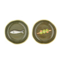 Two olive green ceramic plates with decorative elements on a white background
