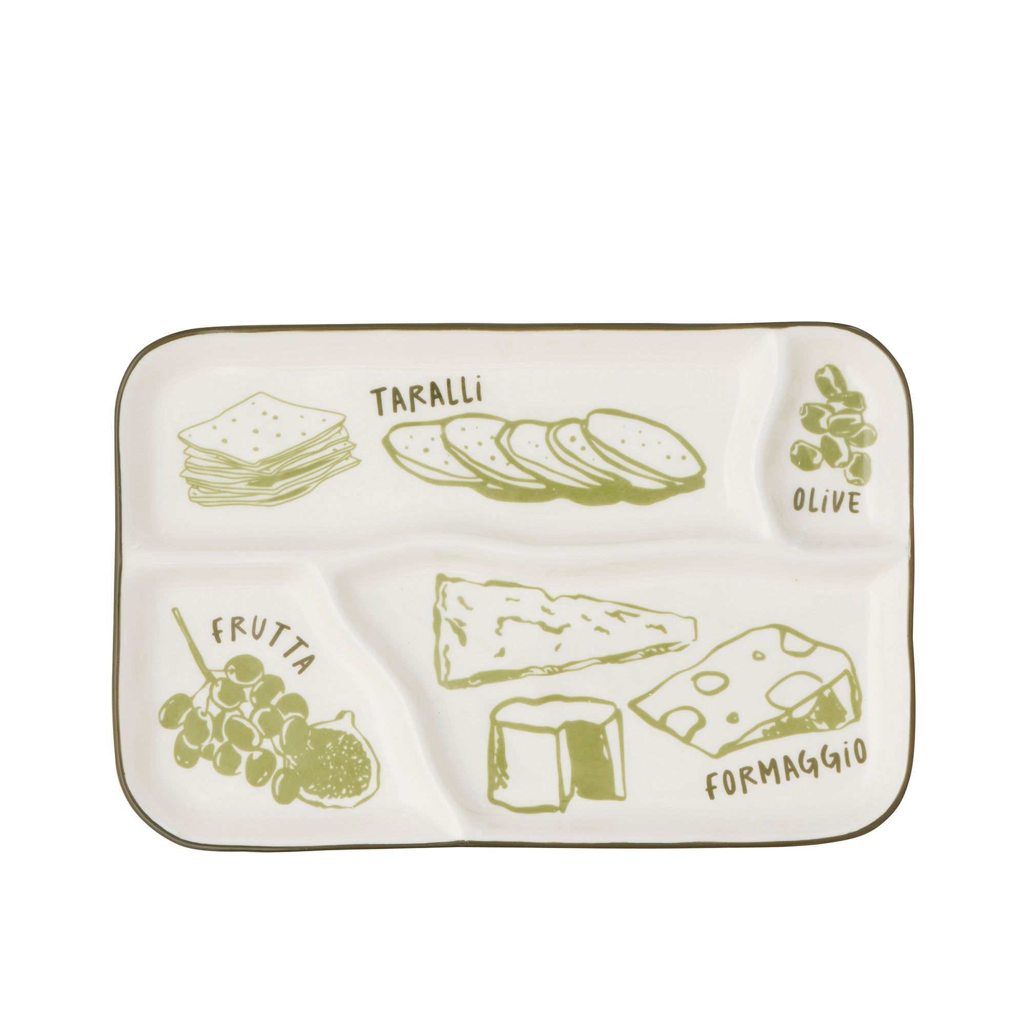 Decorative tray with illustrations of food items and text on a white background