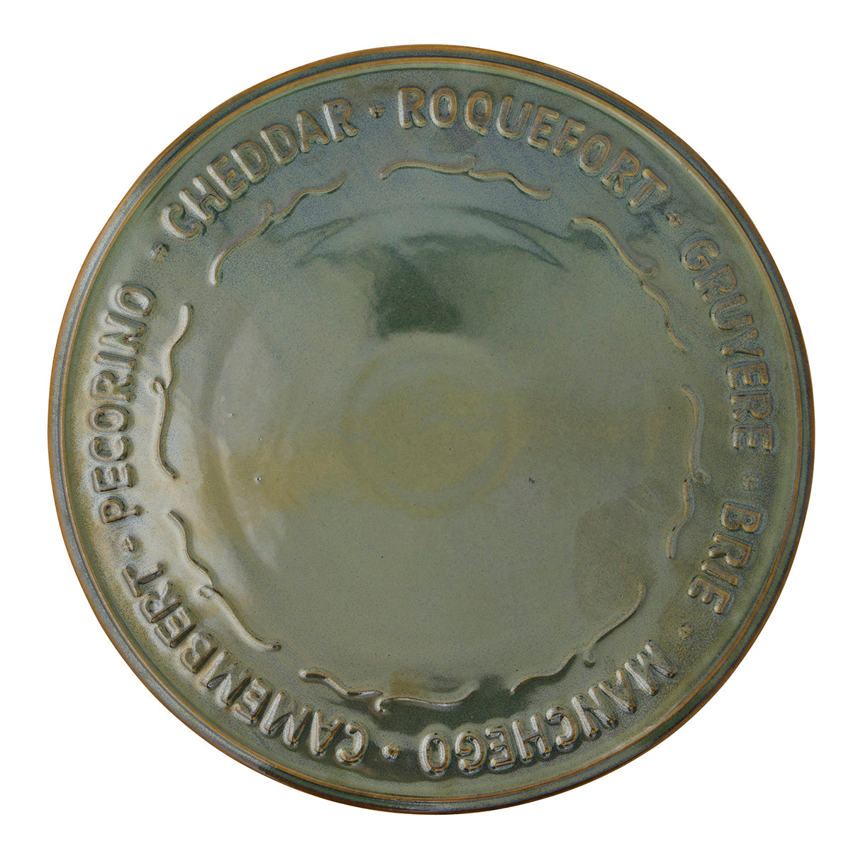 Round ceramic cheese platter with embossed text on a white background