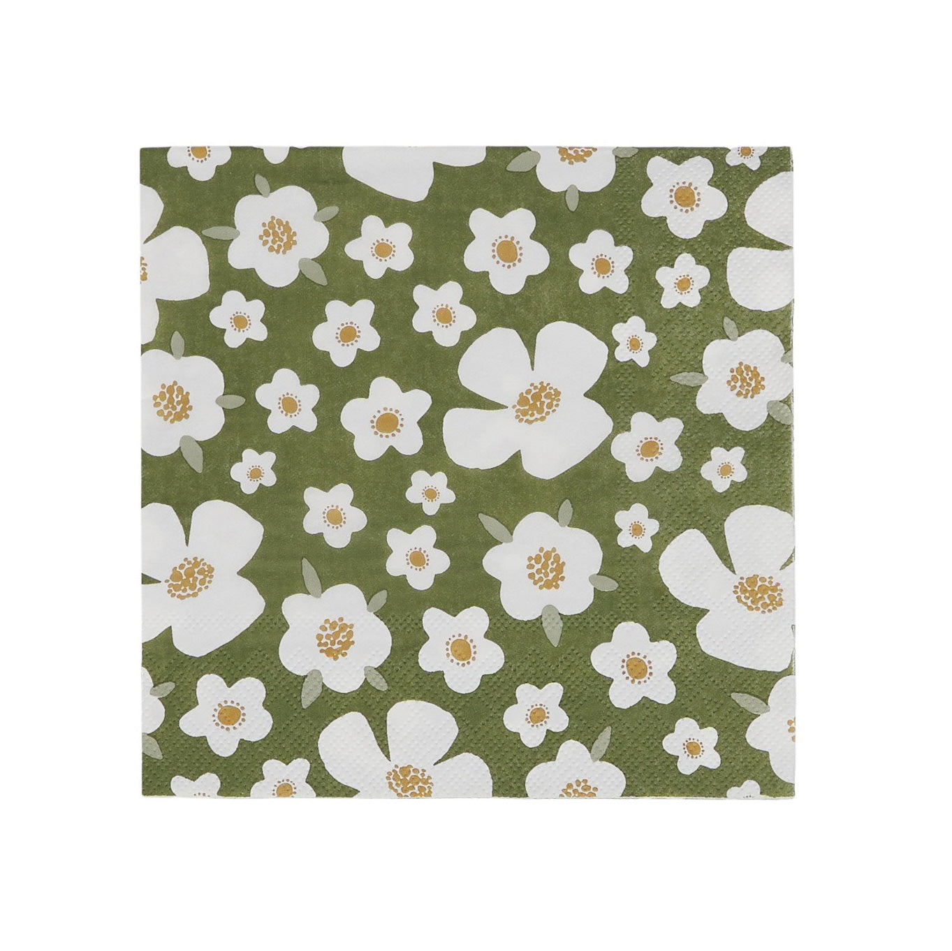 Floral patterned fabric with white flowers on a green background