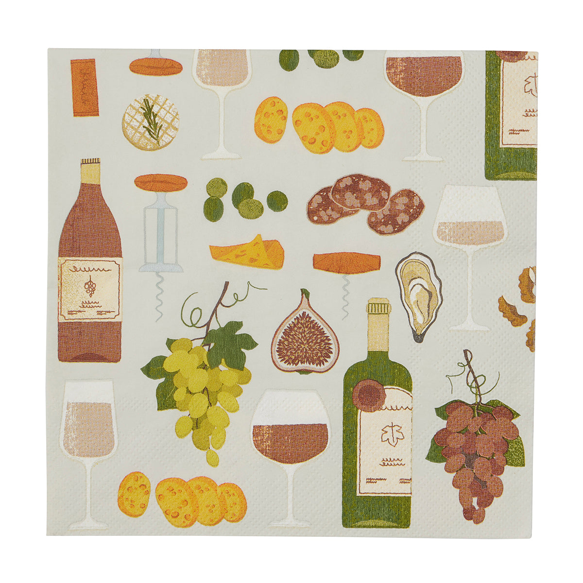 Patterned paper with wine bottles, glasses, food items, and corks on a white background